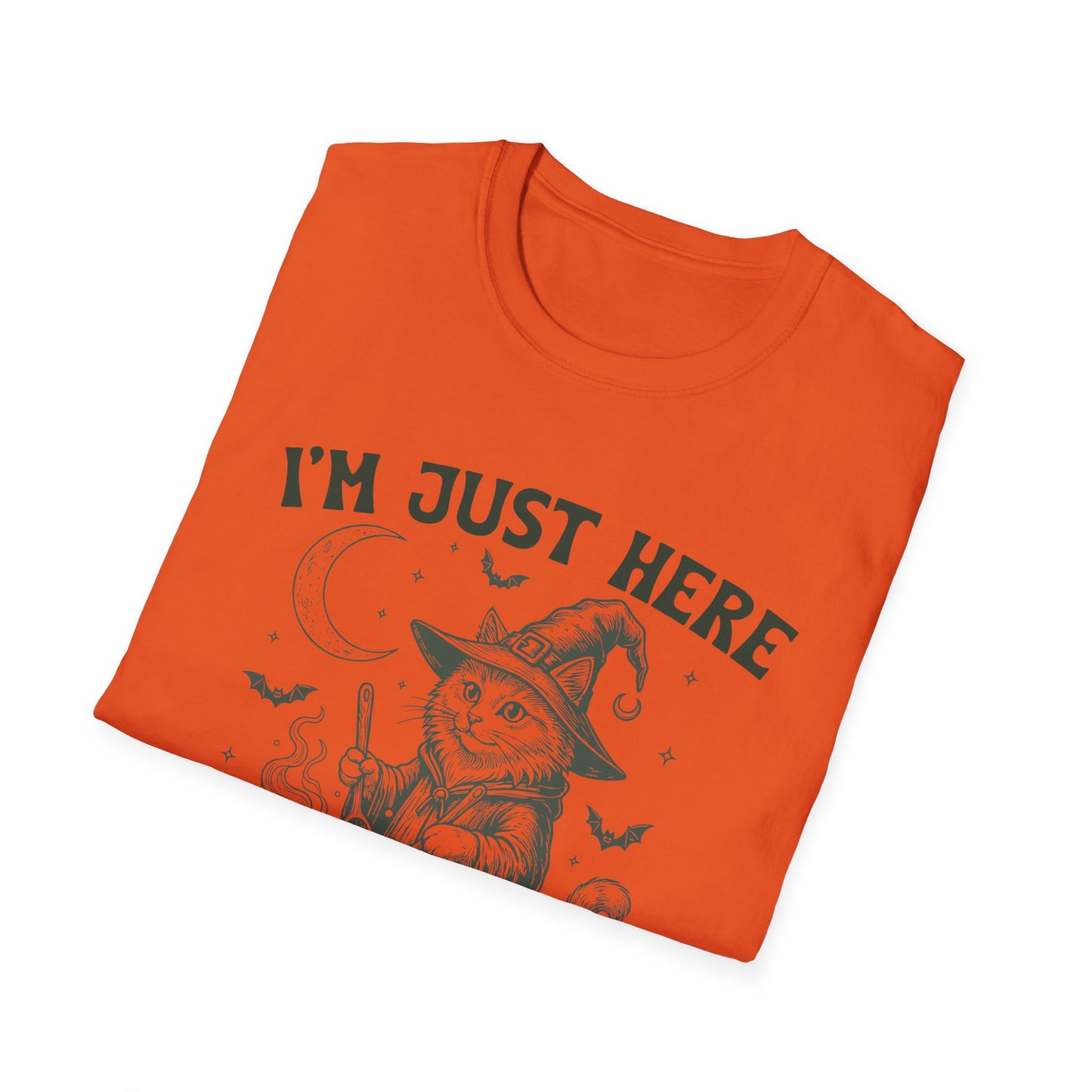 Witchy Cat T-Shirt - I'm Just Here to Stir the Pot, Halloween Shirt, Gift for Cat Lovers, Funny Graphic Tee, Unisex Casual Wear