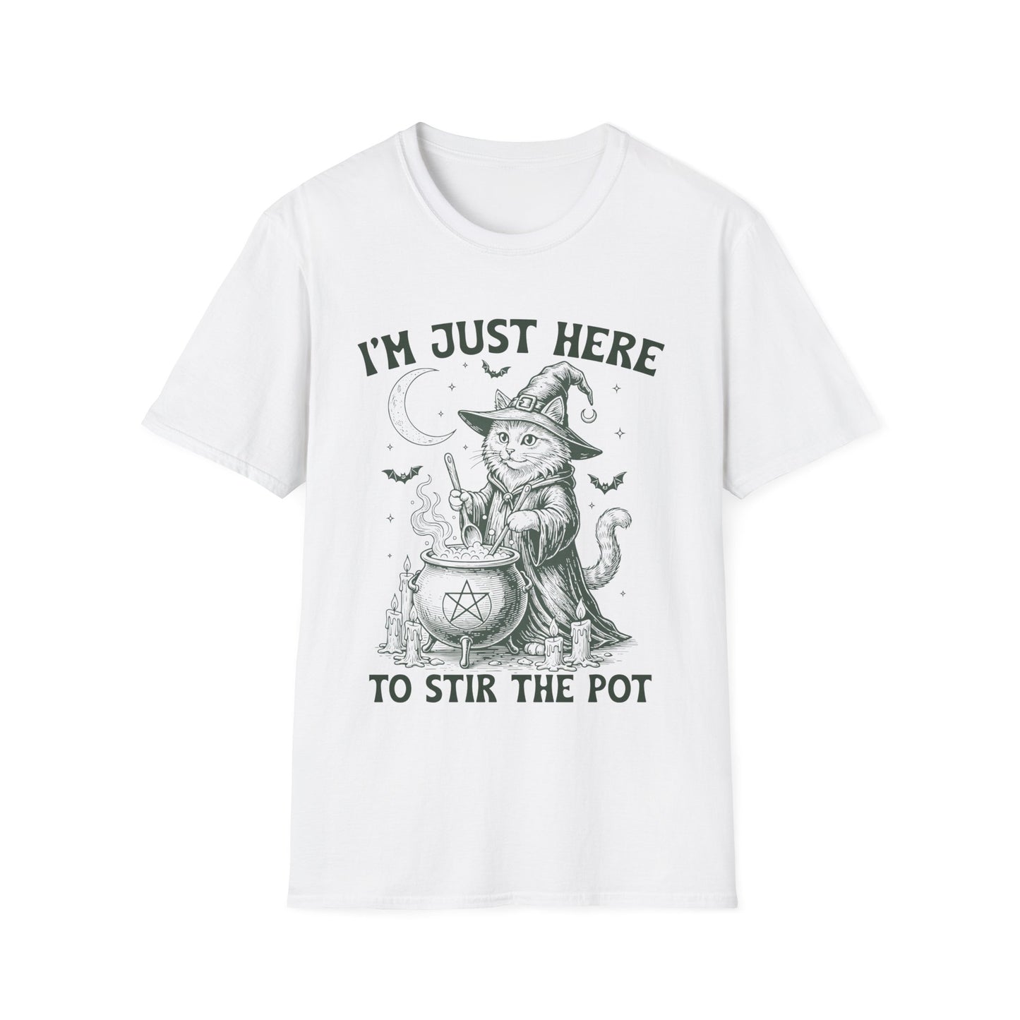Witchy Cat T-Shirt - I'm Just Here to Stir the Pot, Halloween Shirt, Gift for Cat Lovers, Funny Graphic Tee, Unisex Casual Wear