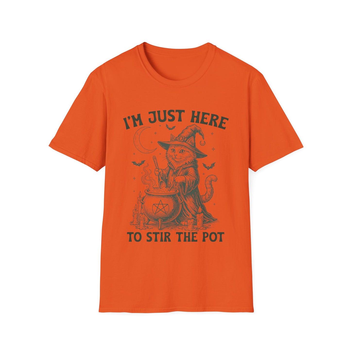 Witchy Cat T-Shirt - I'm Just Here to Stir the Pot, Halloween Shirt, Gift for Cat Lovers, Funny Graphic Tee, Unisex Casual Wear