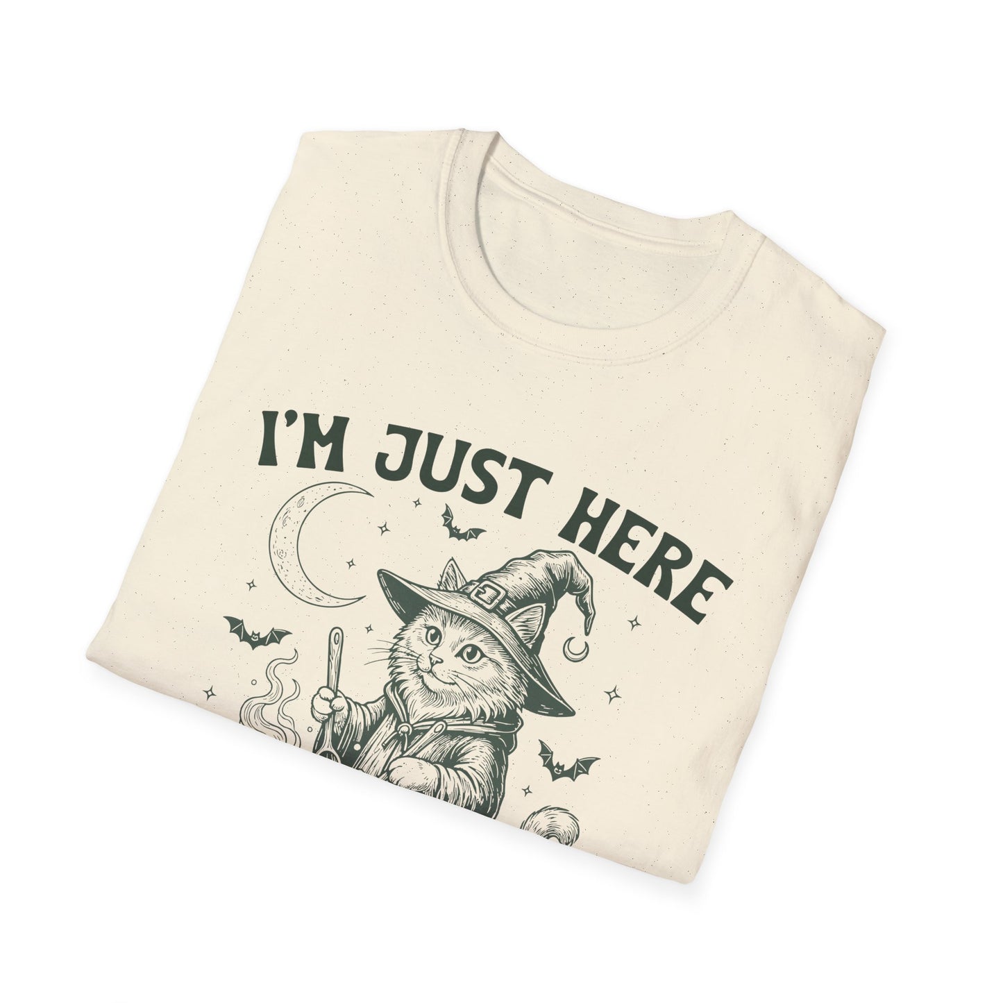 Witchy Cat T-Shirt - I'm Just Here to Stir the Pot, Halloween Shirt, Gift for Cat Lovers, Funny Graphic Tee, Unisex Casual Wear