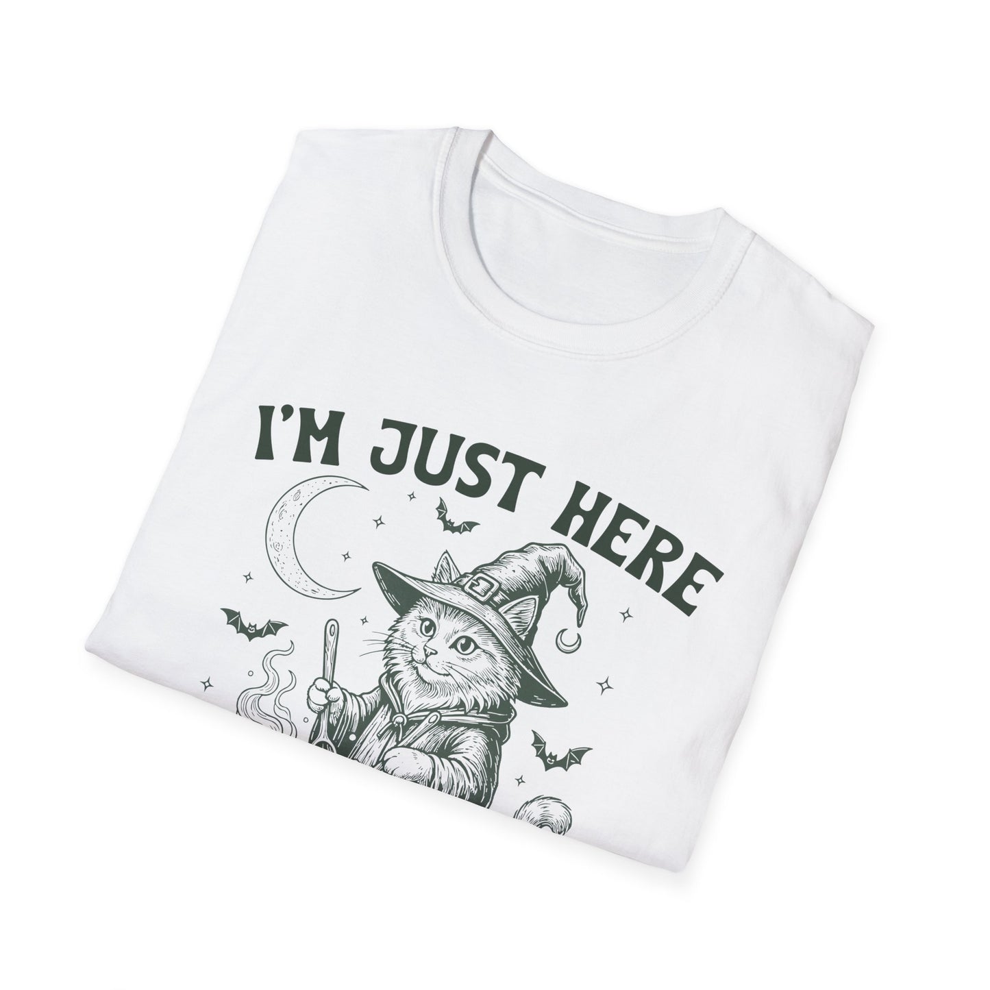 Witchy Cat T-Shirt - I'm Just Here to Stir the Pot, Halloween Shirt, Gift for Cat Lovers, Funny Graphic Tee, Unisex Casual Wear