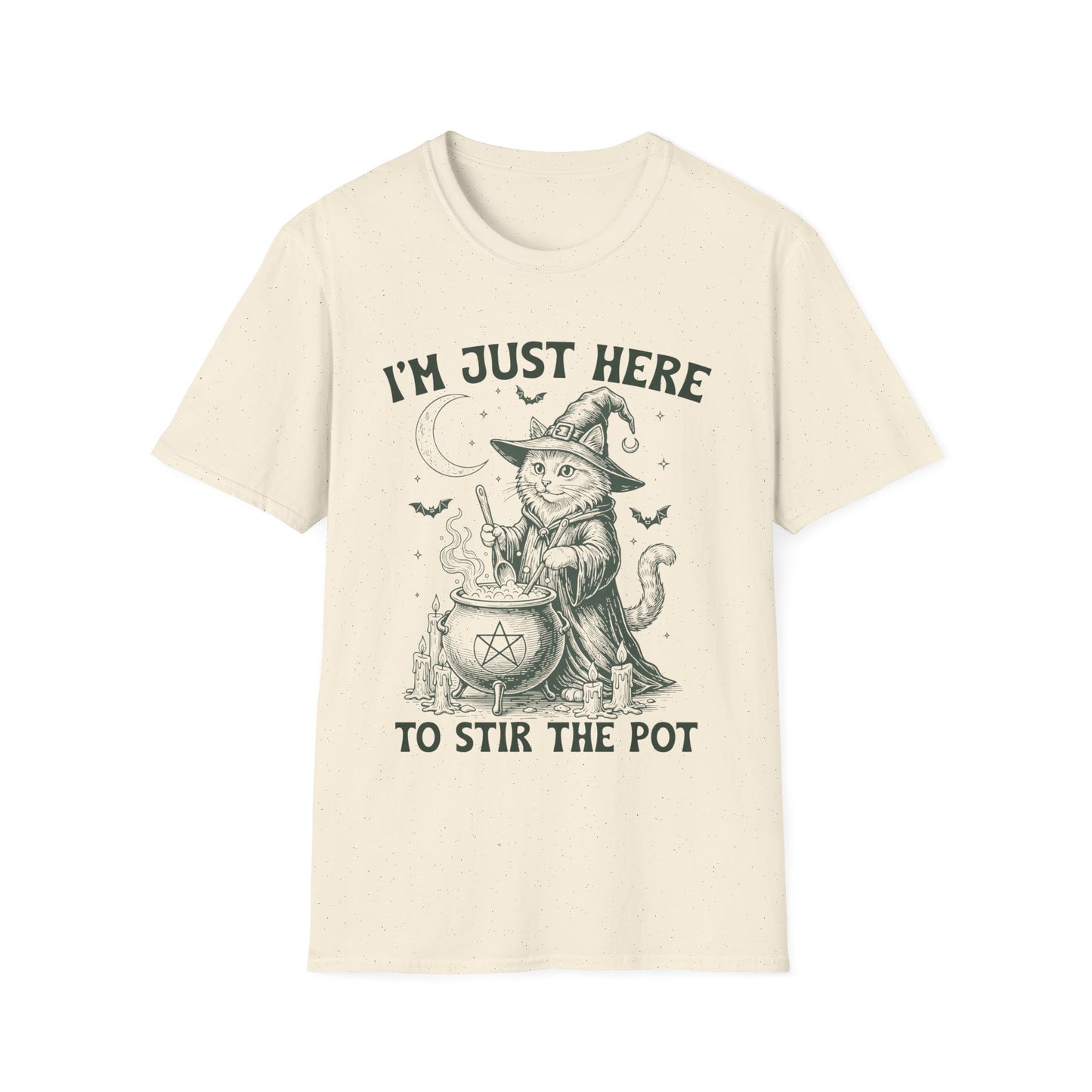 Witchy Cat T-Shirt - I'm Just Here to Stir the Pot, Halloween Shirt, Gift for Cat Lovers, Funny Graphic Tee, Unisex Casual Wear