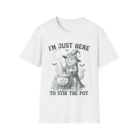 Witchy Cat T-Shirt - I'm Just Here to Stir the Pot, Halloween Shirt, Gift for Cat Lovers, Funny Graphic Tee, Unisex Casual Wear