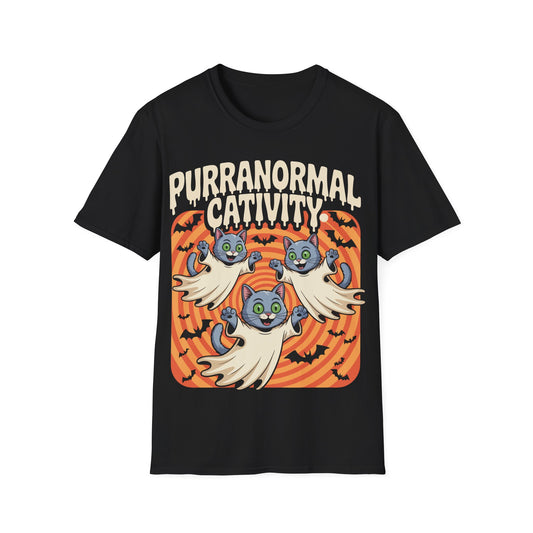 Purranormal Cativity Tee | Cute Halloween Cat Shirt, Softstyle T-Shirt, Spooky Gift, Unisex Halloween Apparel, Cat Lover Top